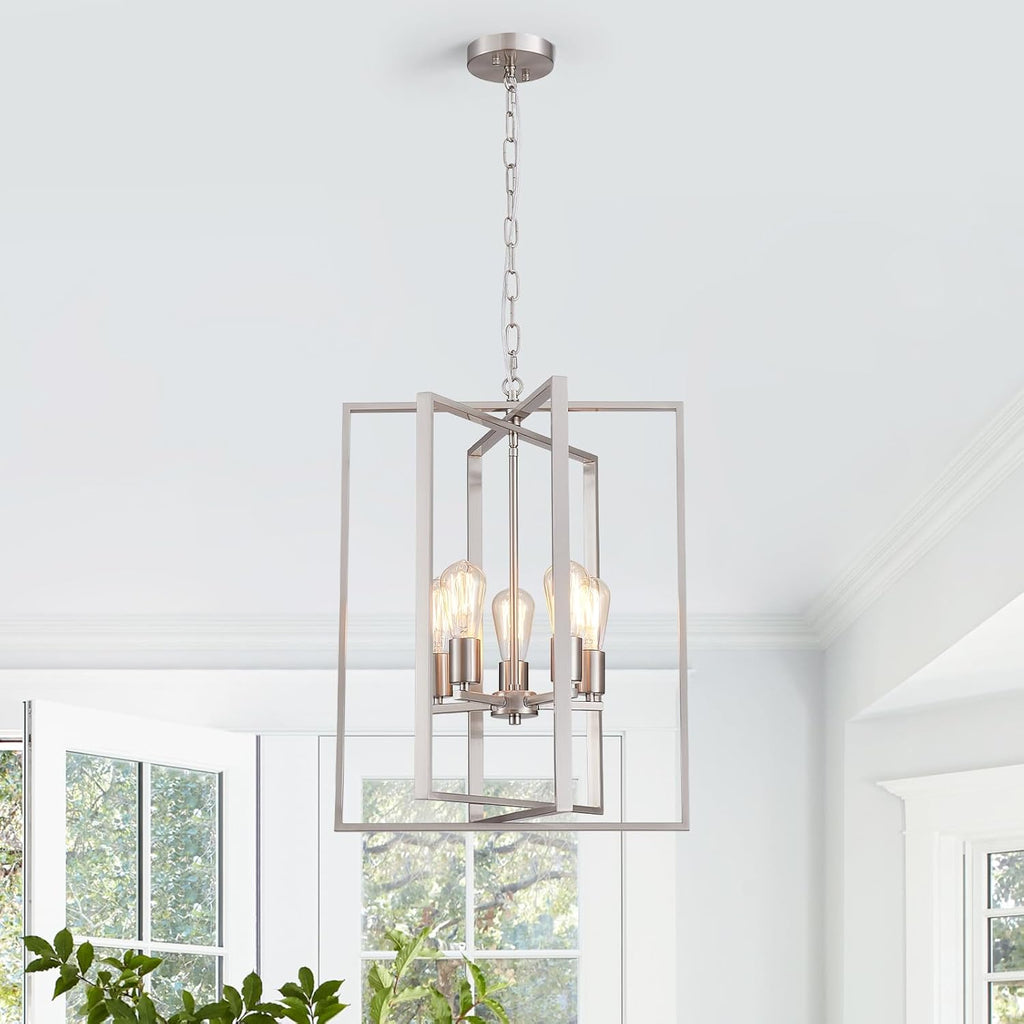Brushed Nickel Chandelier 5-Light, Dining Room Light Fixture Geometric Metal Modern Pendant Lighting for Kitchen Island Living Room Entryway Bedroom, 18 Inch Hanging Ceiling Lamp