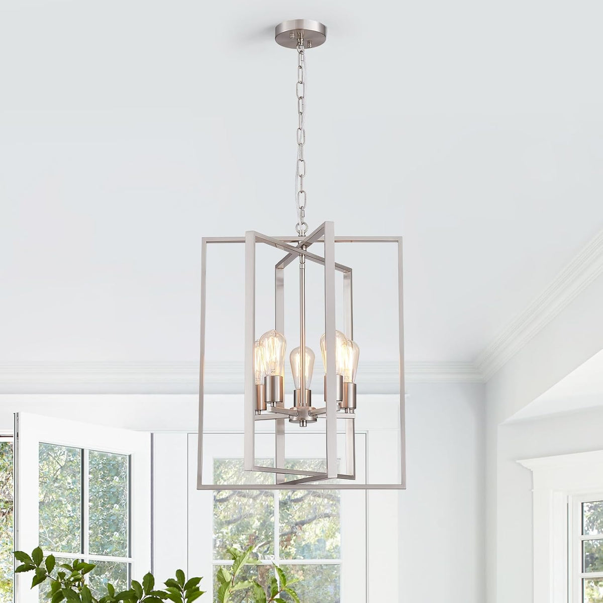Brushed Nickel Chandelier 5-Light, Dining Room Light Fixture Geometric Metal Modern Pendant Lighting for Kitchen Island Living Room Entryway Bedroom, 18 Inch Hanging Ceiling Lamp