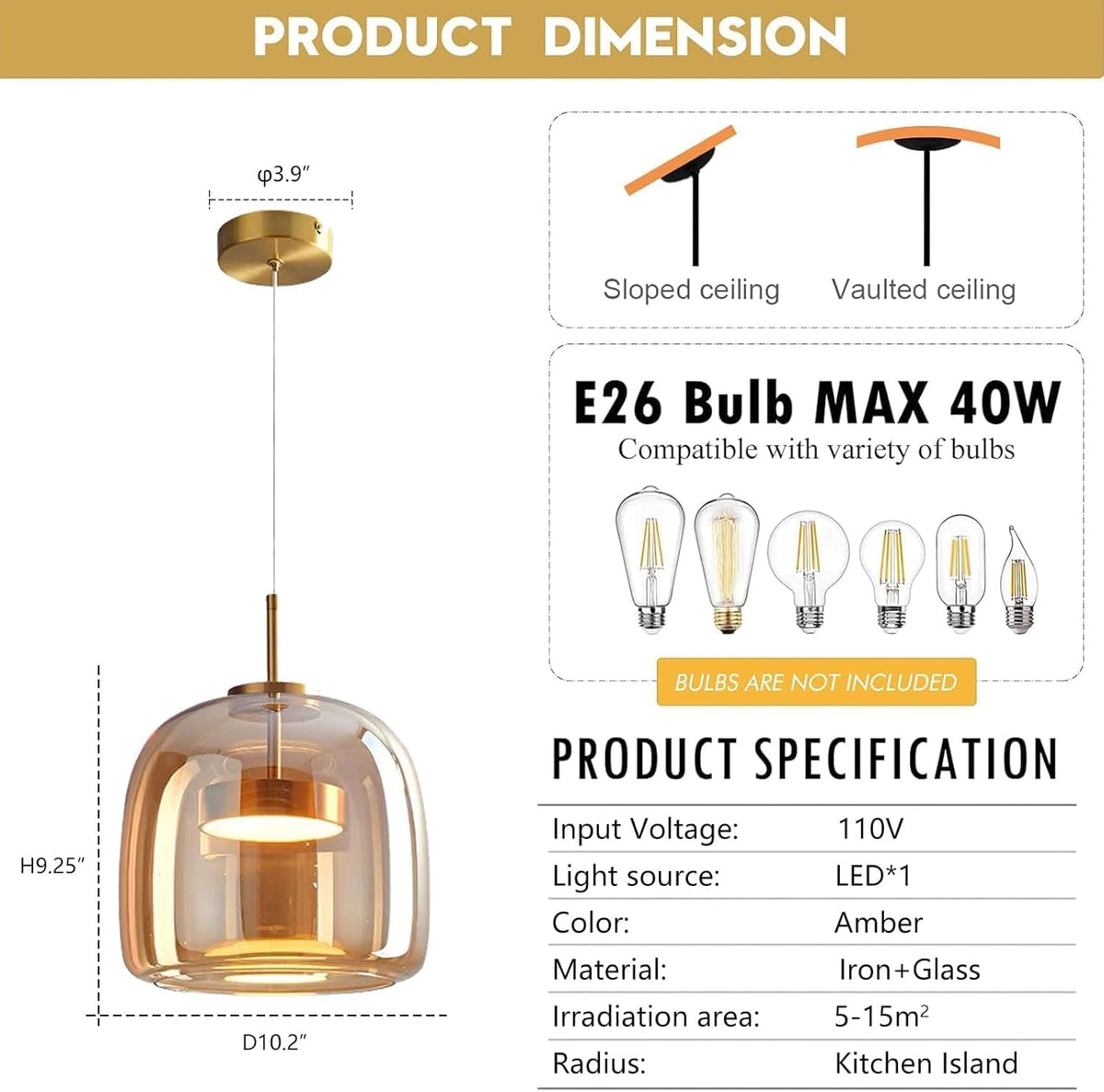 Amber Glass Chandelier Round Pendant Light for Kitchen Island Modern Amber Glass Lampshade with Hanging Lights for Dining Room Living Room Bedroom Coffee Shop Aisle Corridor (B Style)