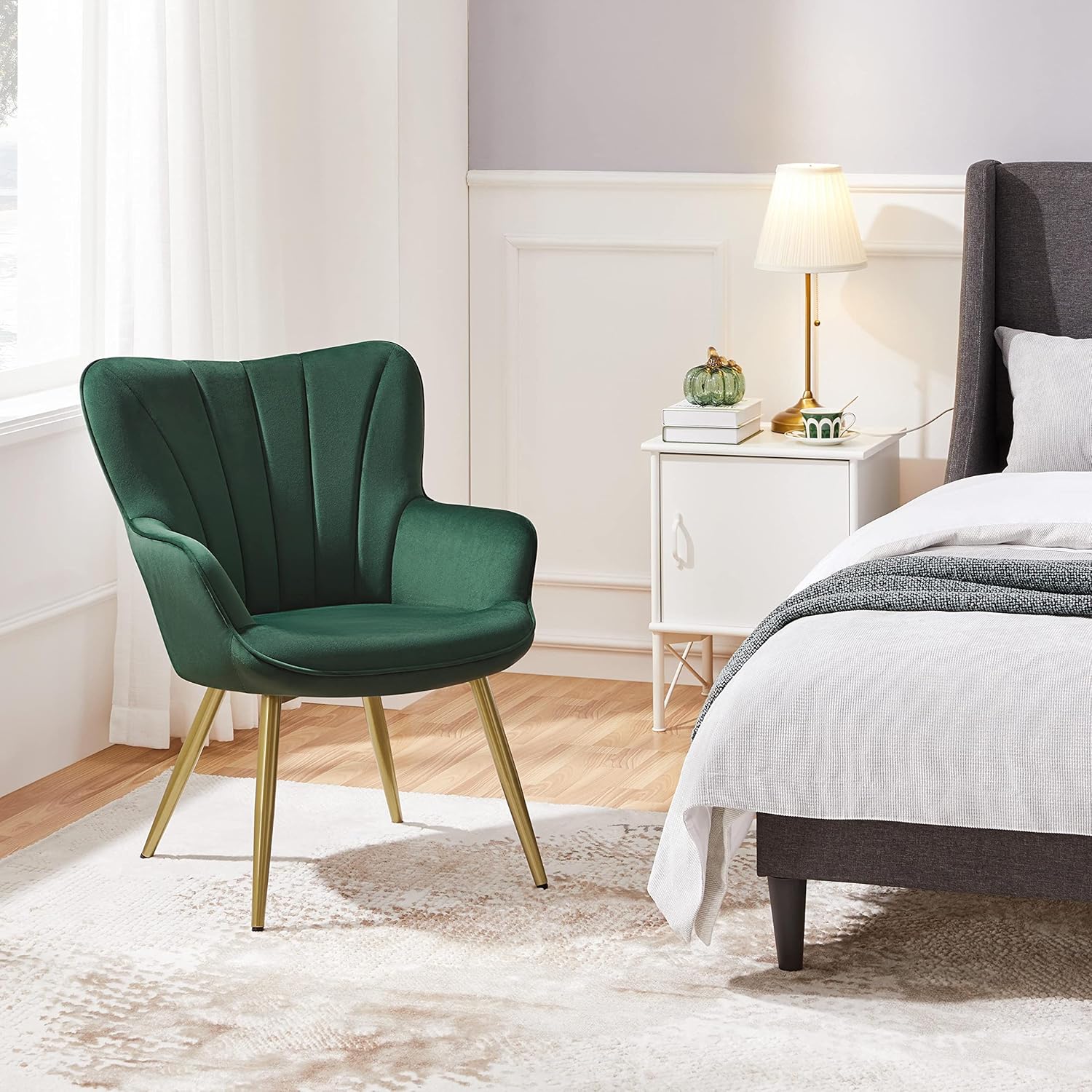 Yaheetech Velvet Accent Chair, Modern Armchair with Wing Side and Metal Legs, Cozy and Soft Padded and High Back for Living Room/Home Office/Bedroom, Set of 2, Green