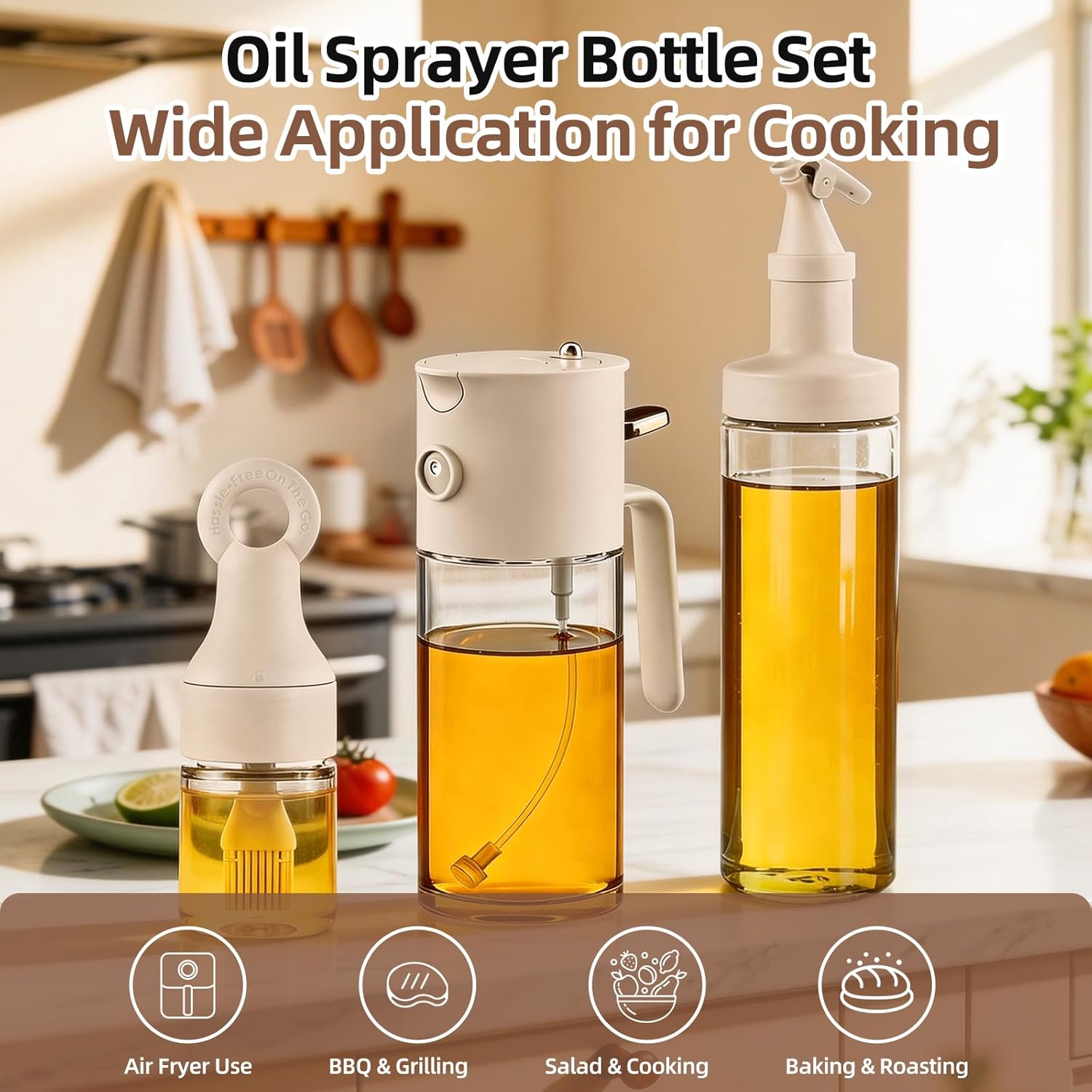 580ml/19.6oz Olive Oil Sprayer Bottle for cooking, 3-in-1 Oil dispenser Bottle + FREE 2-Piece Kitchen gadgets (Basting Brush & Spice Shaker) - Perfect for kitchen, Air Fryer, Baking, BBQ & Salad.