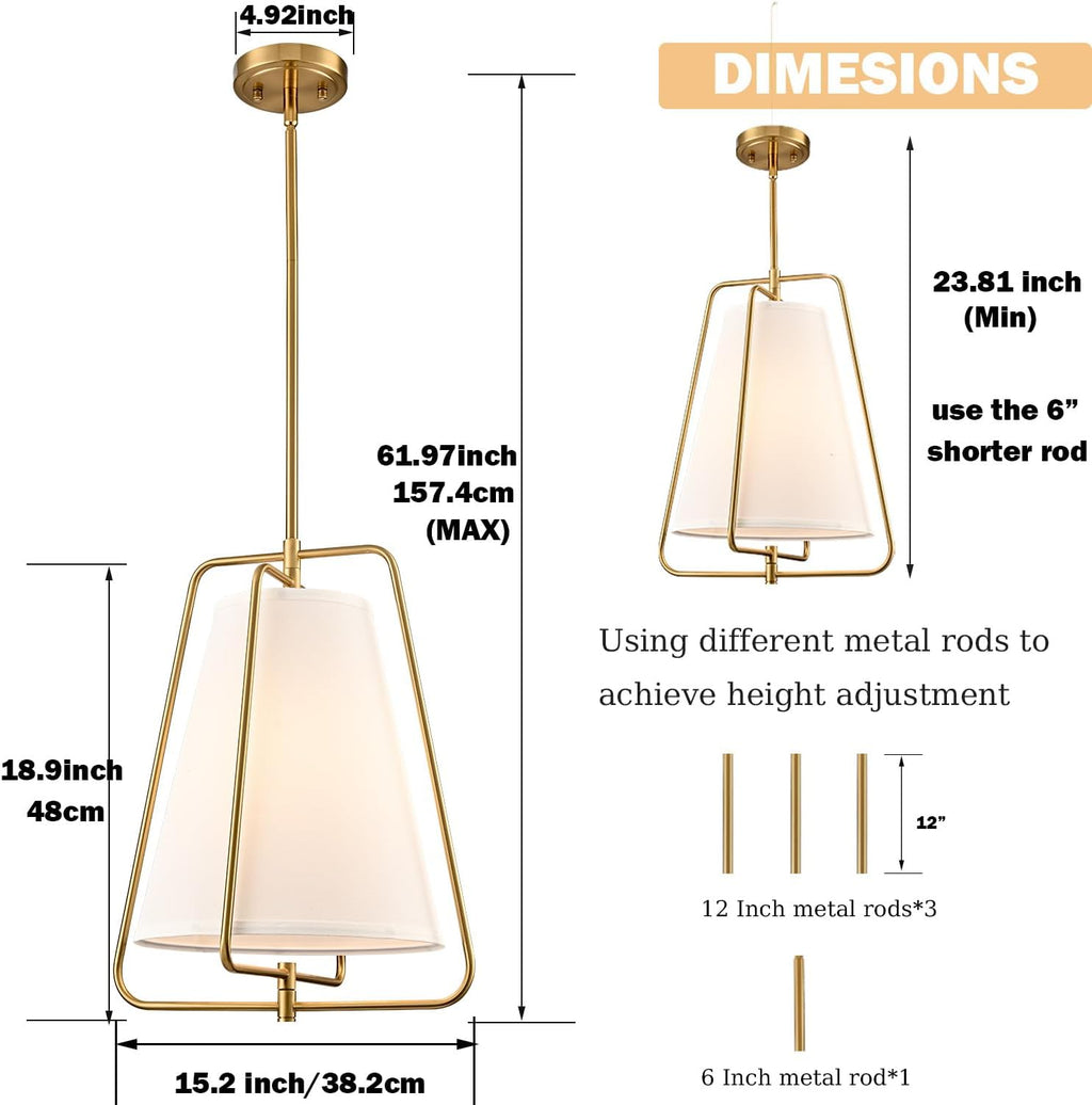 HYDELITE Vintage Gold Pendant Light with White Linen Fabric Adjustable Height Chandelier Brass for Living Room,Dining Room,Kitchen Island,Hallway