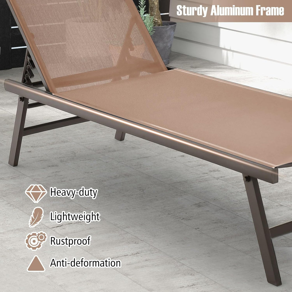 Tangkula 3 Piece Patio Chaise Lounge Set, Aluminum Patio Recliner with Coffee Table, 6-Level Backrest Adjustment, Outdoor Lounge Chair & Side Table Set for Poolside, Backyard (Brown)