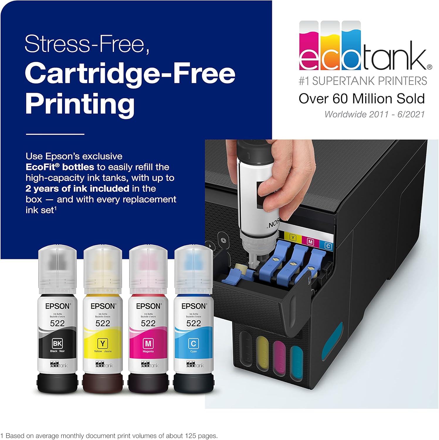 Epson EcoTank ET-2800 Wireless Color All-in-One Cartridge-Free Supertank Printer, Black, Medium & T522 EcoTank Ink Ultra-high Capacity Bottle Black (T522120-S)