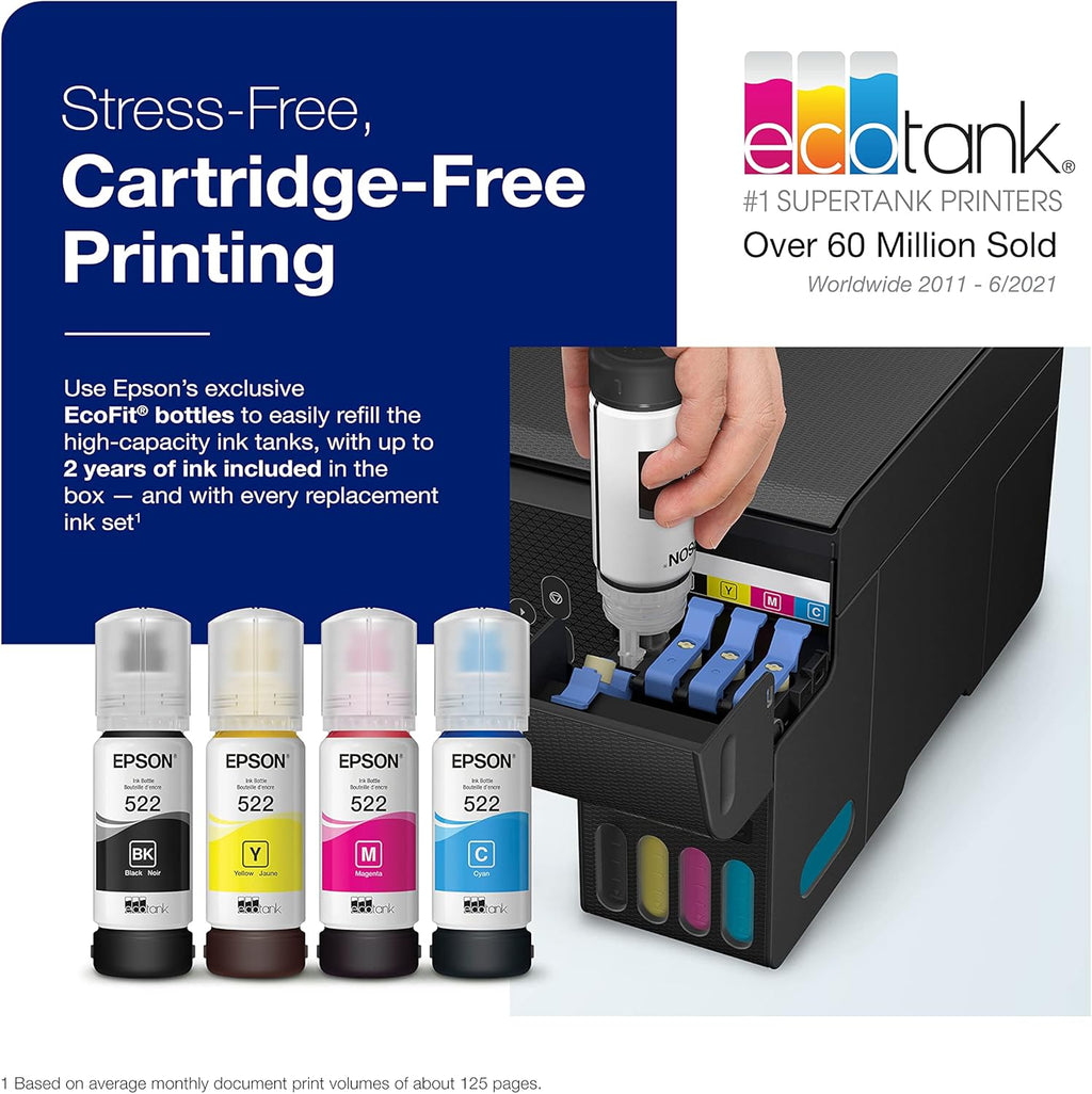 Epson EcoTank ET-2800 Wireless Color All-in-One Cartridge-Free Supertank Printer, Black, Medium & T522 EcoTank Ink Ultra-high Capacity Bottle Black (T522120-S)