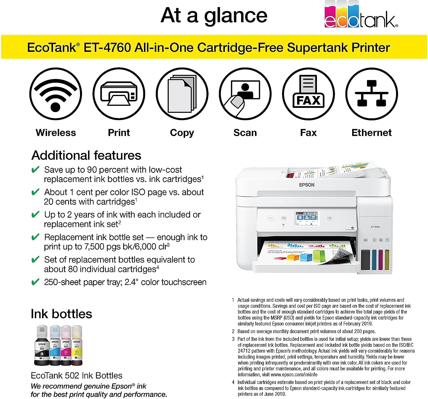 Epson EcoTank ET-4760 Wireless Color All-in-One Cartridge-Free Supertank Printer with Scanner, Copier, Fax, ADF and Ethernet - White