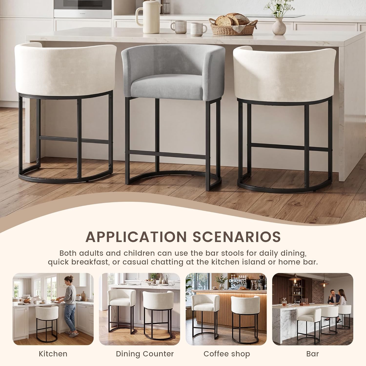 GRUSIGN Chenille Counter Height Bar Stools Set of 2, 26" Kitchen Island Stools with Arms & Footrest, Upholstered Barrel Back Bar Chairs for Kitchen . Dining Room, Bar & Lounge Area, 450 lbs, Off-White