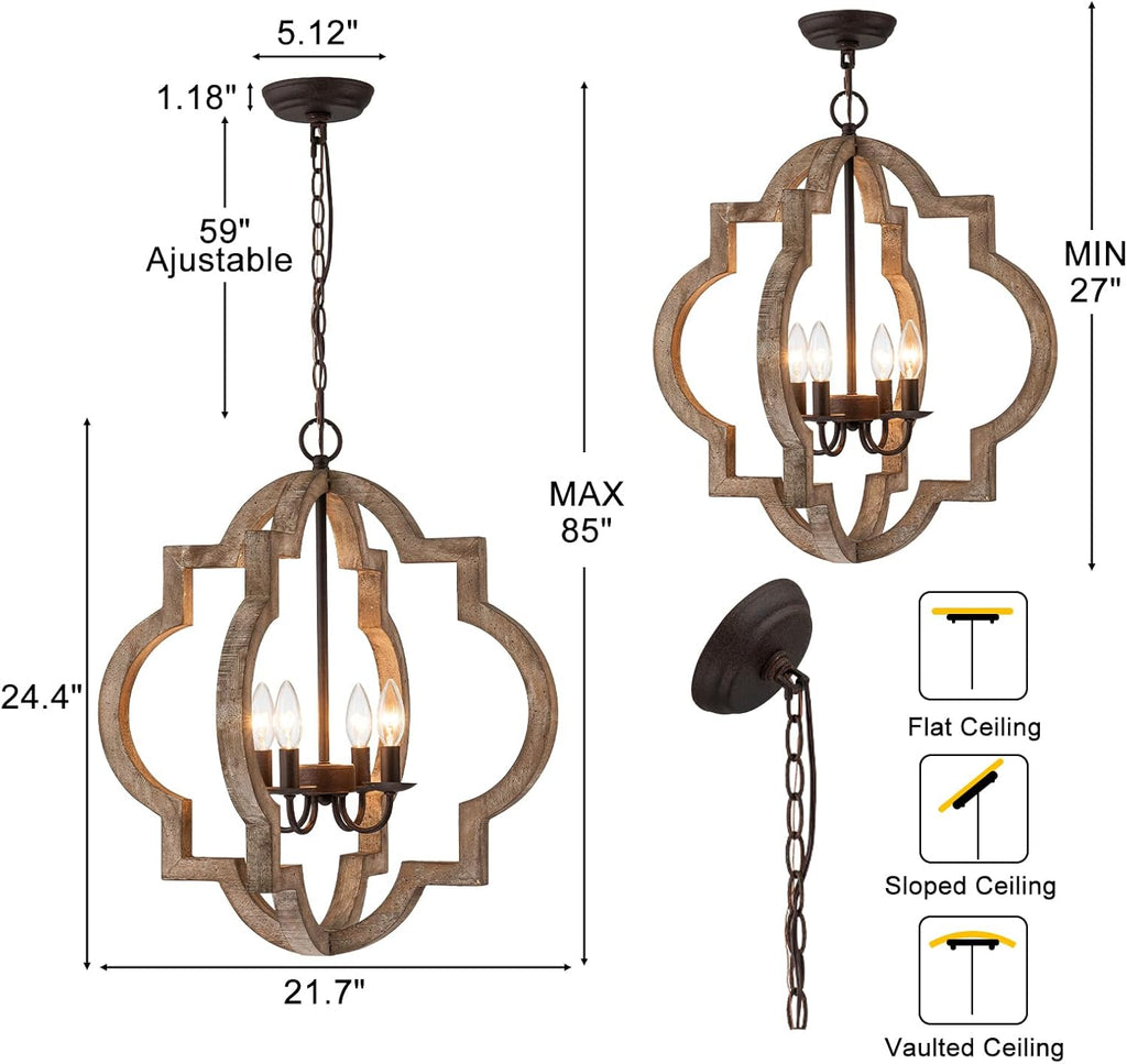 22" Oak Farmhouse Chandeliers Dining Room Light Fixture Over Table Orb Distressed Wood Pendant Light 4-Light Rustic Large Hanging Light for Foyer Entryway Kitchen Island Living Room Bedroom E12