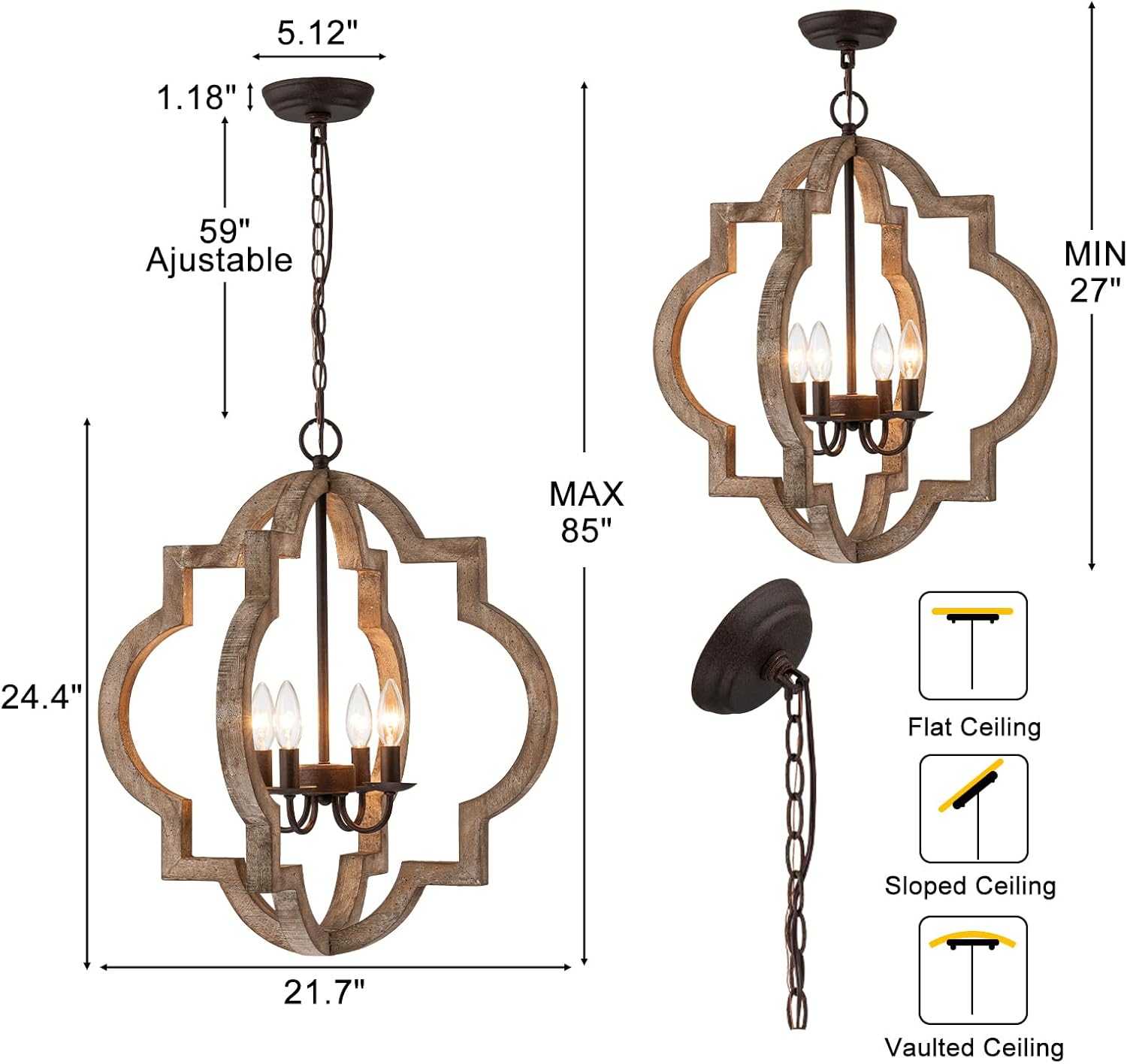 22" Oak Farmhouse Chandeliers Dining Room Light Fixture Over Table Orb Distressed Wood Pendant Light 4-Light Rustic Large Hanging Light for Foyer Entryway Kitchen Island Living Room Bedroom E12