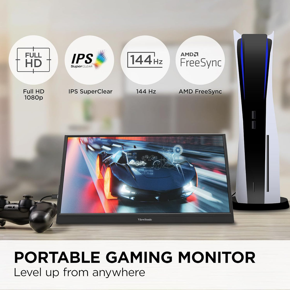ViewSonic VX1654 16 Inch 1080p Portable IPS Gaming Monitor with 144Hz, AMD FreeSync, 2 Way Powered 60W USB C, Mini HDMI, and Built-in Stand with Protective Cover (Renewed)