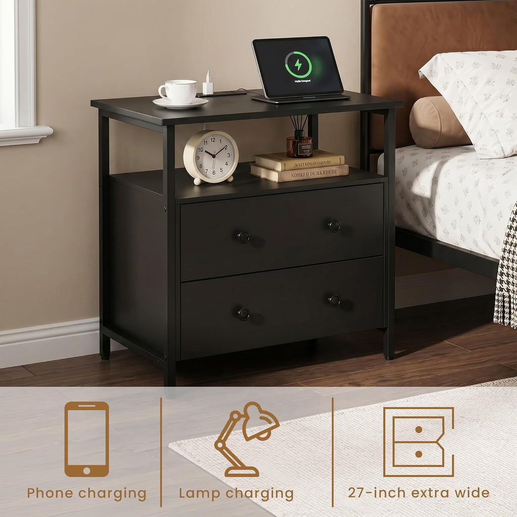 Edbuosy 27 inch Wide Night Stand with Charging Station, Bedside Table with Open Shelf, 2 Drawers Small Wood Dresser, Modern Wood Nightstand for Bedroom/Living Room (Black)