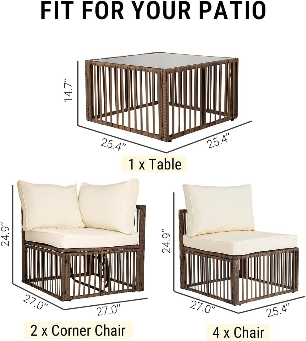 7-Piece Outdoor Patio Furniture Set, Modern PE Rattan Sectional Sofa with Adjustable Chaise Lounge, Modular All-Weather Wicker Conversation Set for Backyard, Poolside, Porch (Brown-Beige)