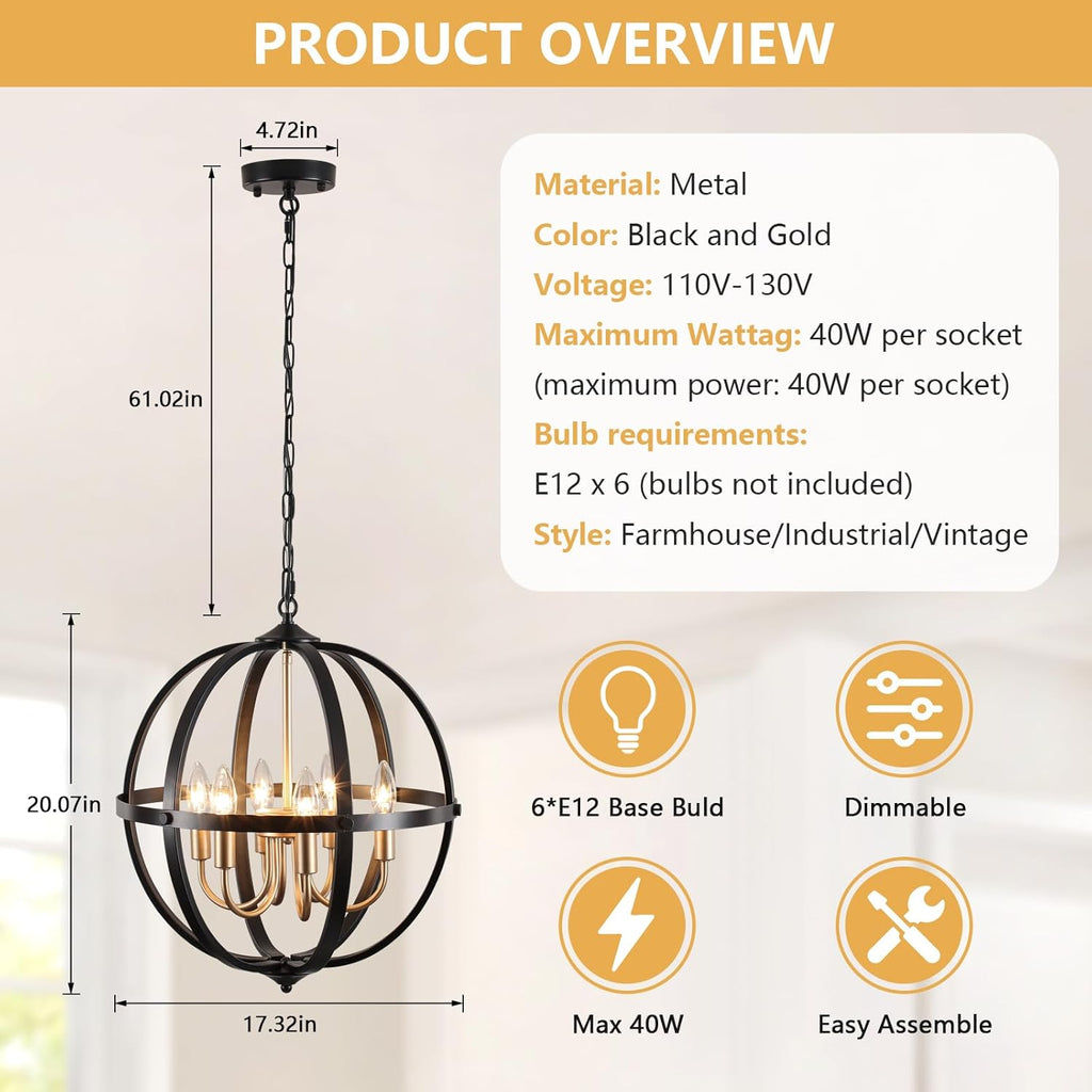 17.12'' Black and Gold Chandelier for Dining Room, 6-Light Modern Farmhouse Globe Chandelier, Metal Industrial Orb Pendant Light Adjustable Entryway Light Fixture for Kitchen Island Foyer