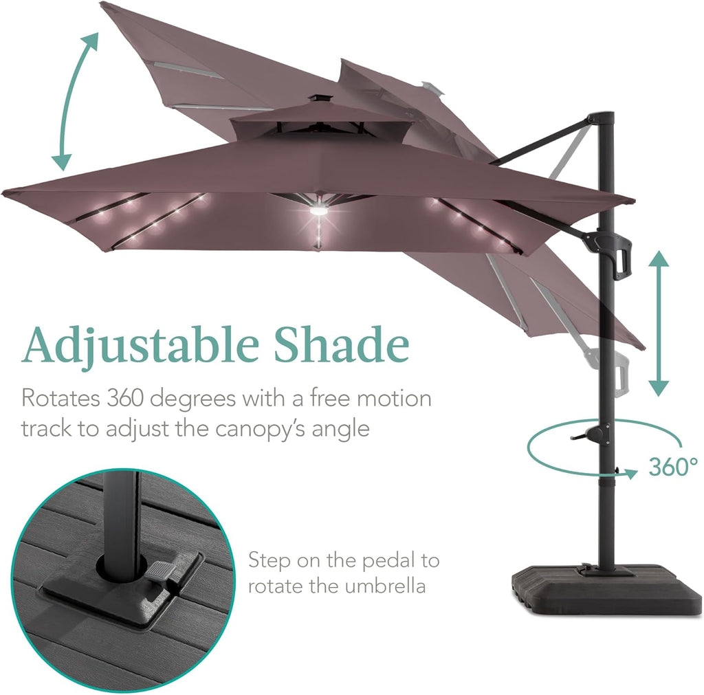 Best Choice Products 10x10ft Cantilever Patio Umbrella w/Base Included, Solar LED Lights 360 Rotation Large Offset Hanging Outdoor Shade for Deck Pool Backyard w/Stand – Deep Taupe