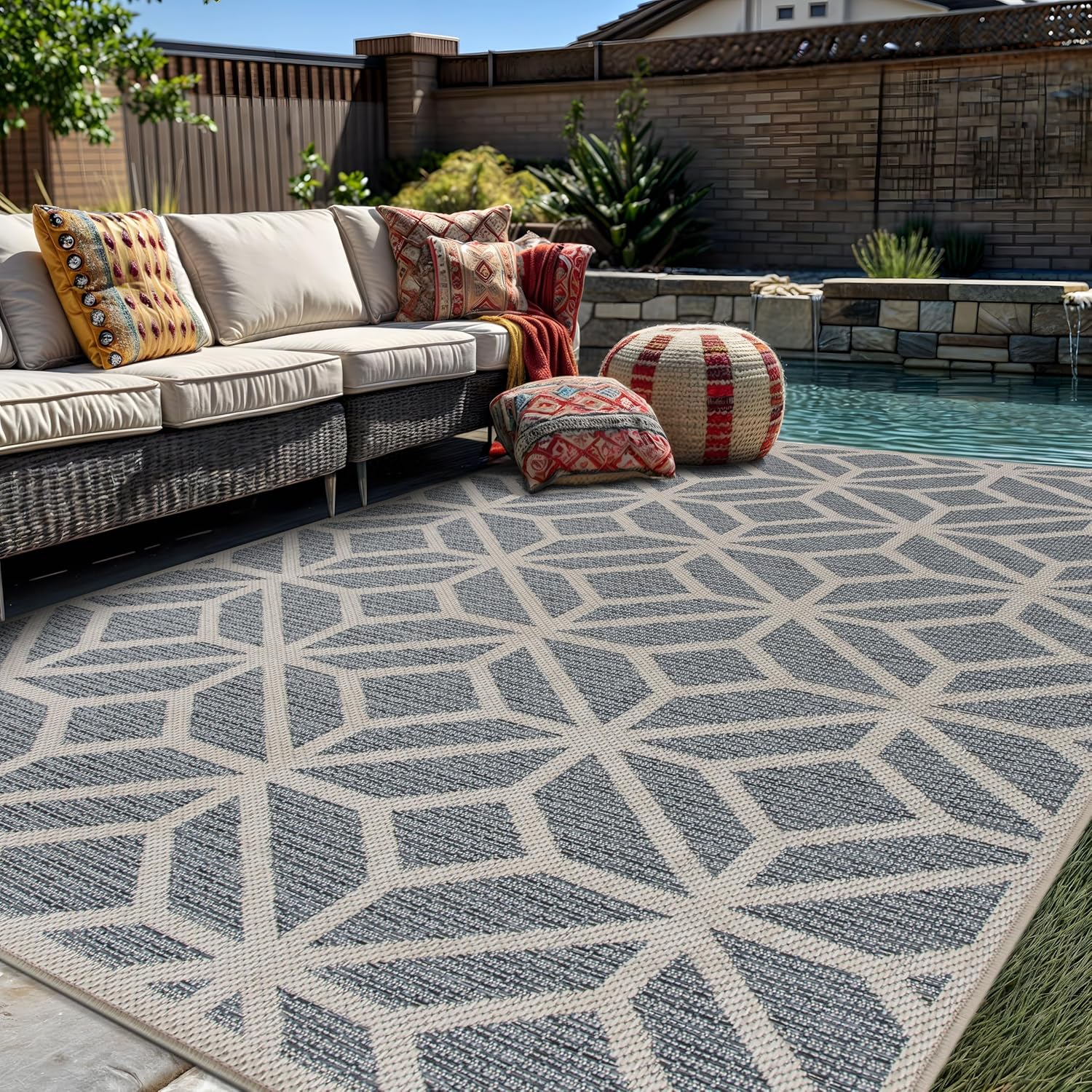 Rugshop Blue Contemporary Geometric Indoor/Outdoor Area Rug — Hose Washable for Living Room, Dining Room and Office, 7'10" x 10'