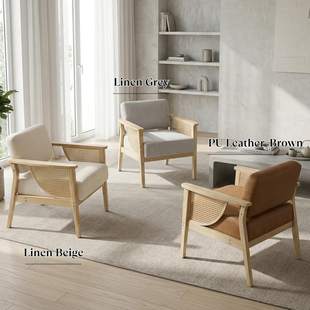 Mid Century Modern Accent Chair Set of 2, Rattan Armchair with Wood Legs Living Room Chair Linen Upholstered Lounge Chair for Bedroom Reading Room, Beige