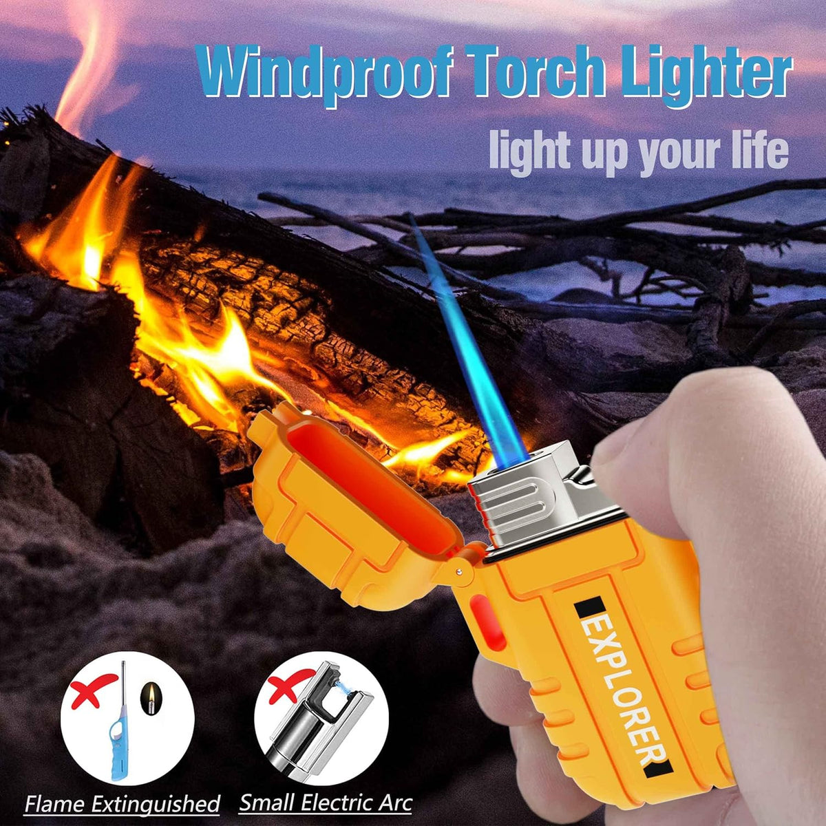 Waterproof Butane Torch Lighter Refillable Windproof Jet Flame Lighters for Fireplace Fireworks Grill Camping BBQ Lighter Gift for Man,2 Pack (Without Gas) (Orange+Orange)