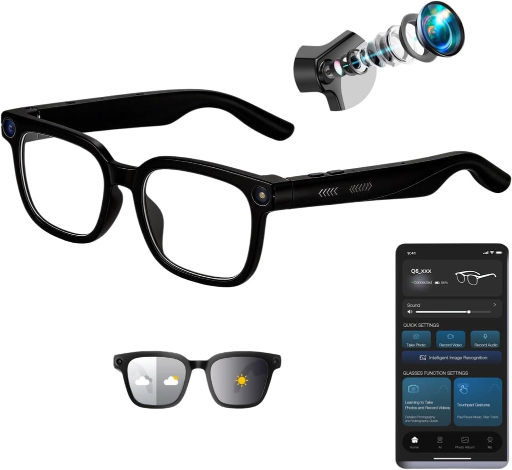 AI Smart Glasses with Camera, 4K HD Video Audio Recording, 164+ Languages Real-Time Translation Bluetooth Sunglasses, AI Voice Assistant, Photochromic Lenses .Voice Control Smart Glasses for Men Women