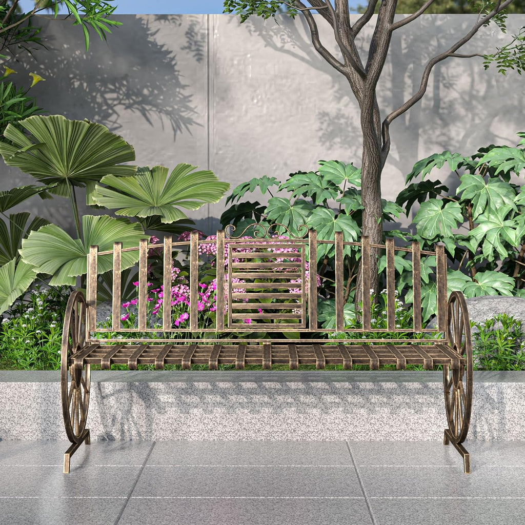 Outdoor Bench Patio Outdoor Garden Bench with Built-in Table, Wagon Wheel Arms, 3 People Outdoor Bench Garden Bench Front Porch Furniture Patio Lawn Yard Park (Bronze)