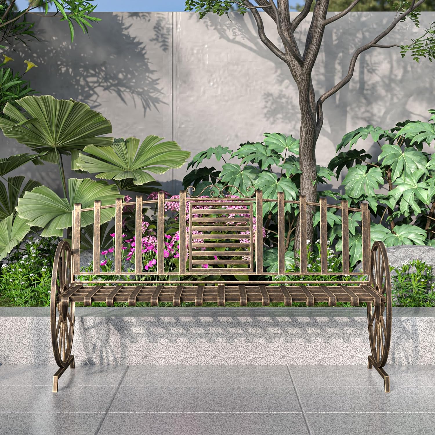 Outdoor Bench Patio Outdoor Garden Bench with Built-in Table, Wagon Wheel Arms, 3 People Outdoor Bench Garden Bench Front Porch Furniture Patio Lawn Yard Park (Bronze)