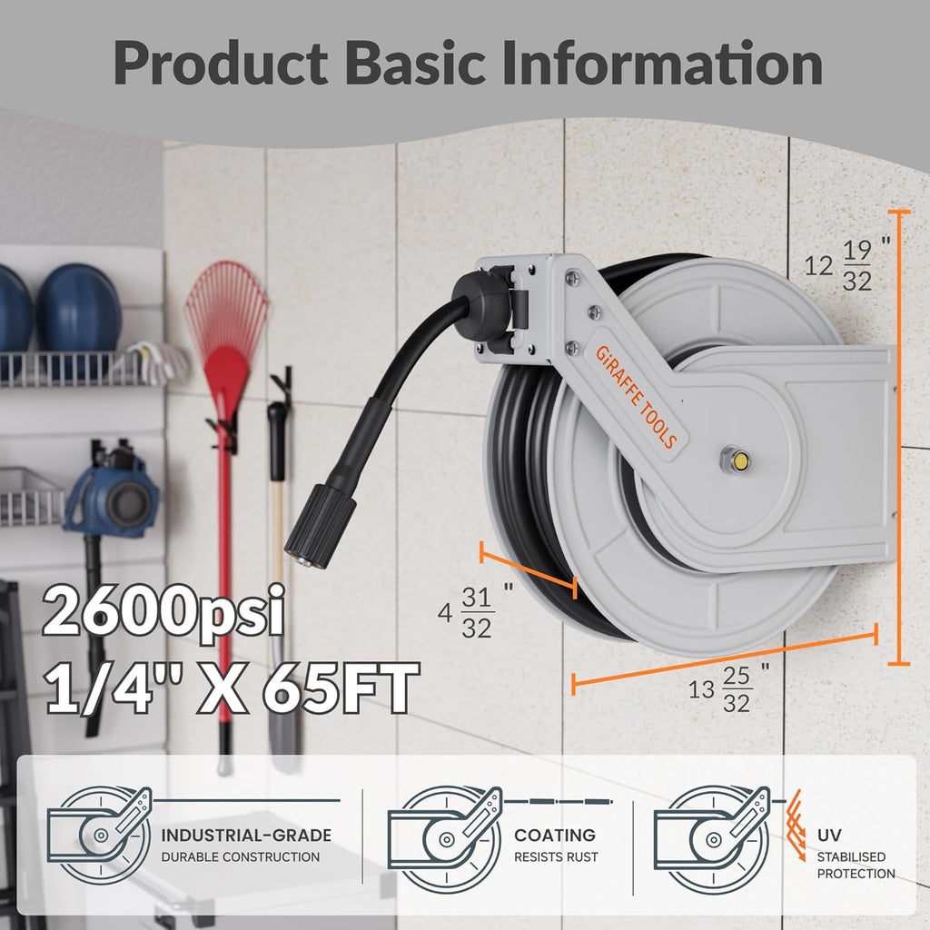 Giraffe Tools Pressure Washer Hose Reel 65ft, Power Washer Hose Reel, Pressure Washer Retractable Hose Reel, Heavy Duty, Wall/Floor Mounted, 2600 PSI