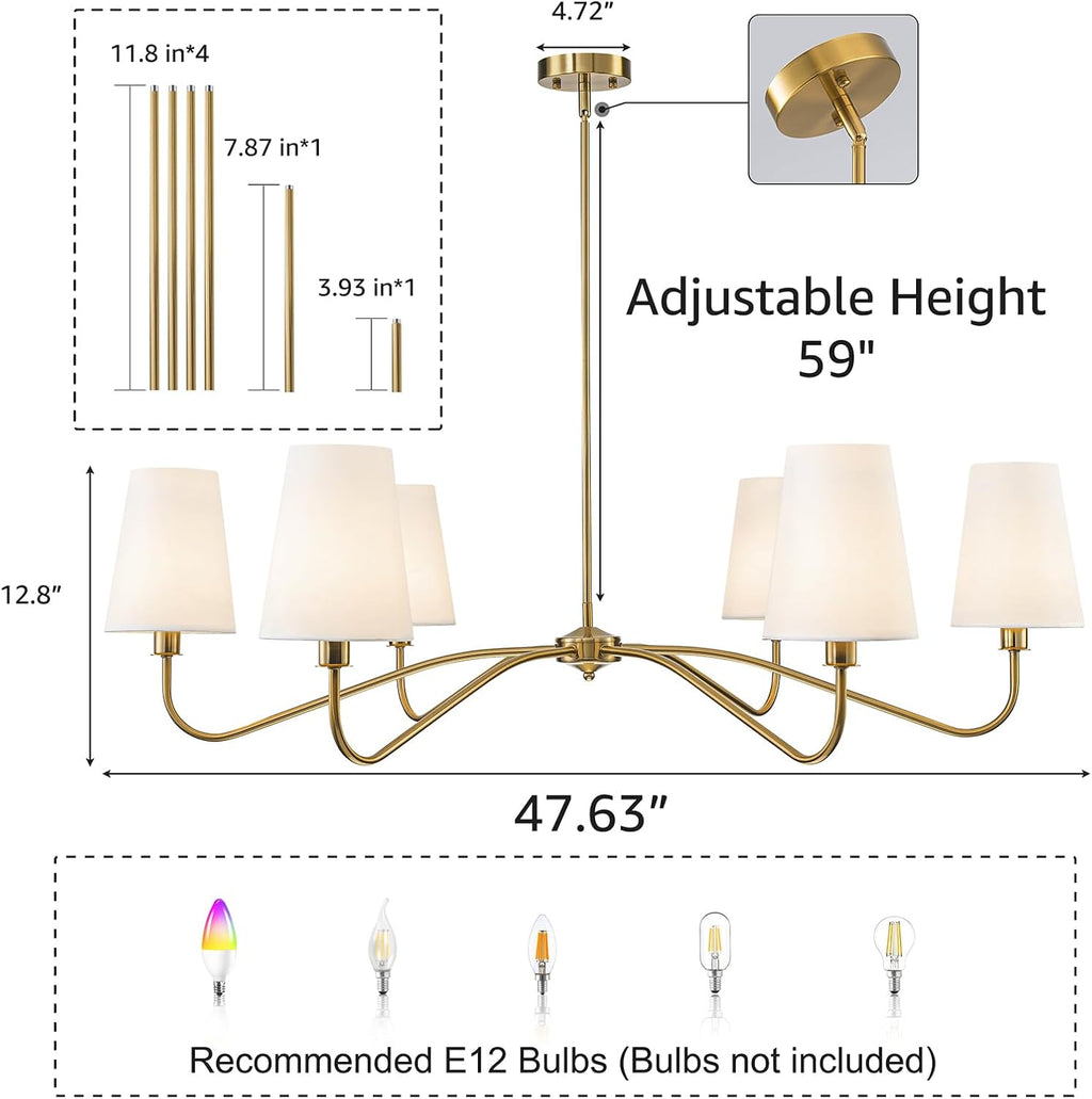 47'' Brushed Brass Chandelier with Shades, Oversized 6-Light Modern Chandelier for Living Room, Large Dining Room Light Fixture, Adjustable Brass Classic Pendant Light Fixture for Kitchen E12 Base