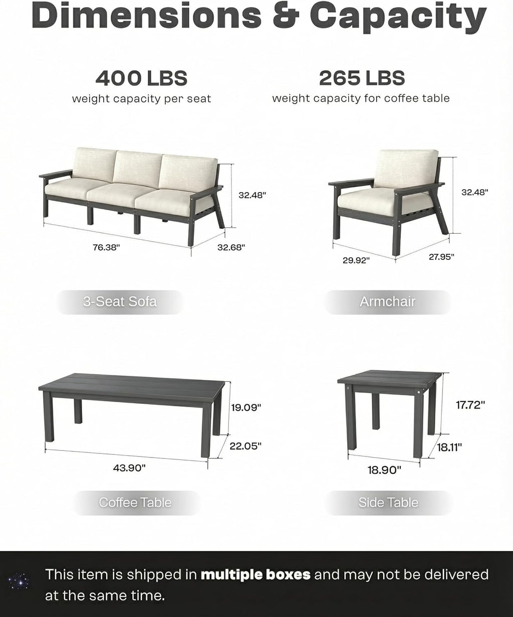 7 Piece Patio Conversation Sets, Outdoor Couch with Washable Thick Beige Cushions, HDPE Patio Furniture Set, Outdoor Sectional Furniture for Backyard, Deck, Lawn, Porch (Grey Frame)
