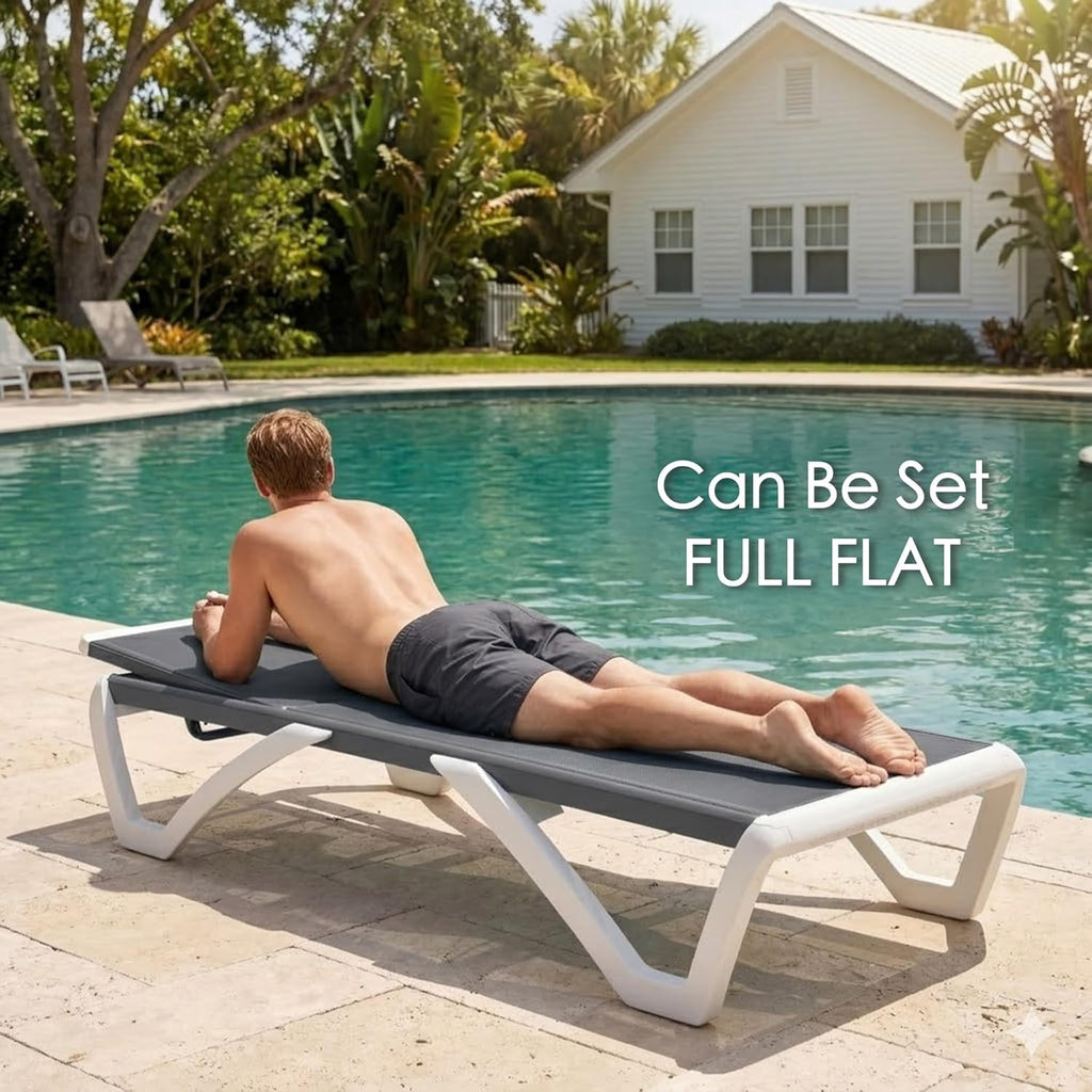 Kozyard 3-Piece Outdoor Chaise Lounge Chair Set, Fully Flat Adjustable Patio Lounger with Aluminum Frame & Resin Legs, Textilene Fabric for Poolside, Backyard & Beach (Gray, 2 Chairs + Table)