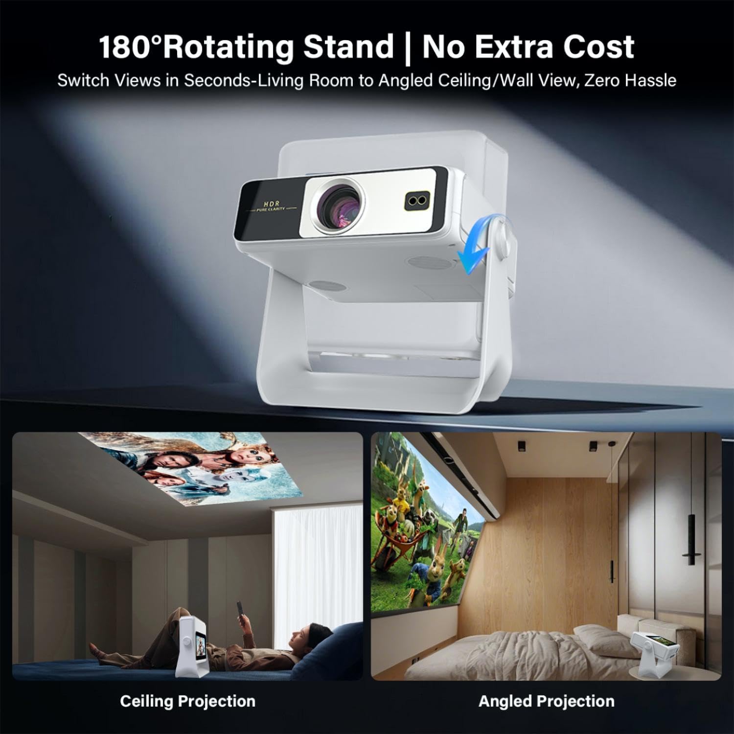 4K Support Native 1080P Touch Screen Projector with WiFi Bluetooth, Auto Focus Smart Portable Game Projector, Built-in Apps Mini Outdoor Movie Projector for Bedroom Home Theater