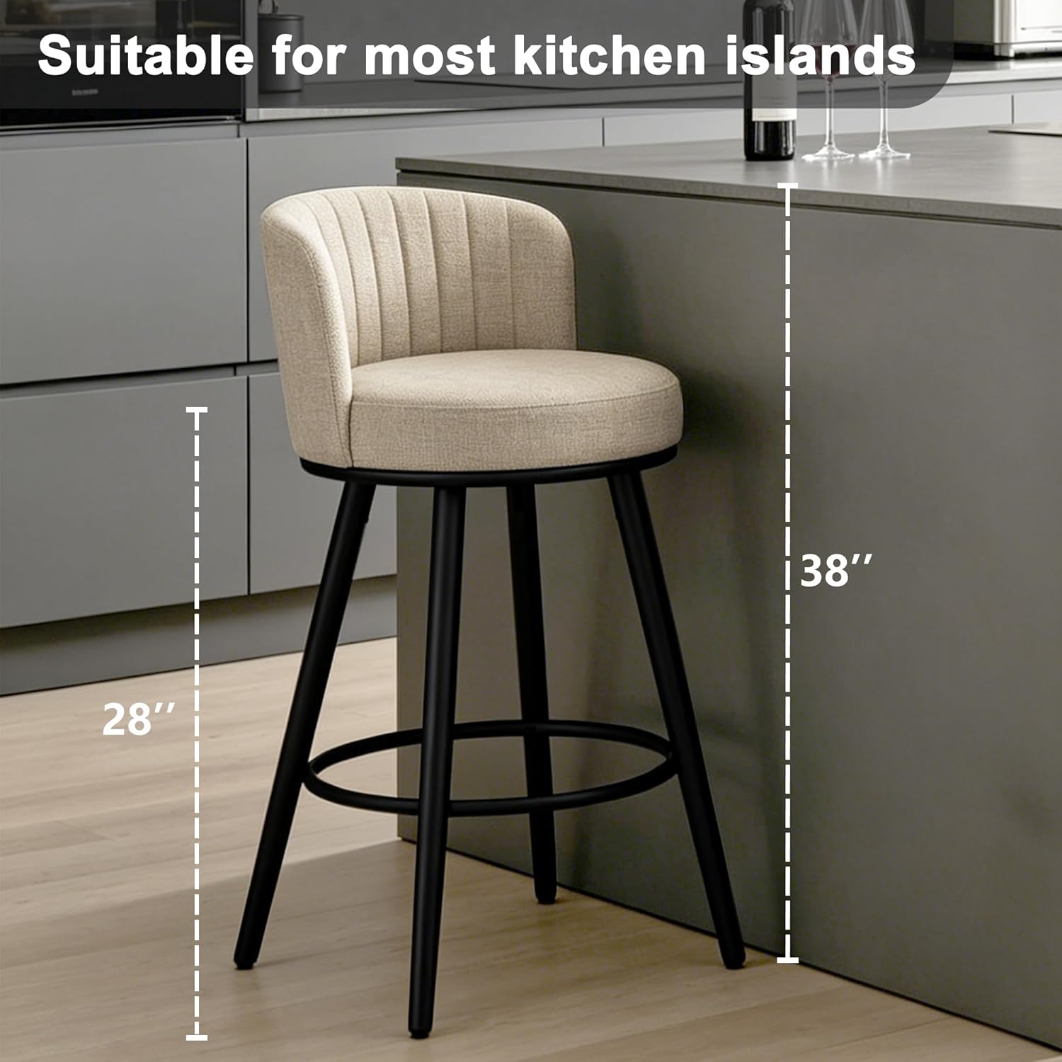Swivel Bar Stools Set of 2, 28" Seat Height, Modern Design, Upholstered Barstools with Back and Footrest, Metal Legs, Suitable for Kitchen Island, Counter, Dining Room
