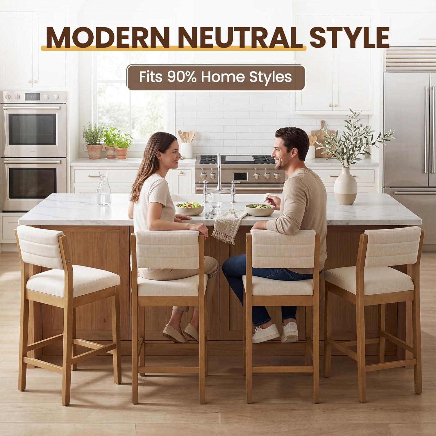 RIVOVA 26" Bar Stools Set of 3 Counter Height Bar Stools for Kitchen Counter, Modern Upholstered Barstools with Back and Wood Legs Linen Stools Farmhouse Island Chairs, Beige