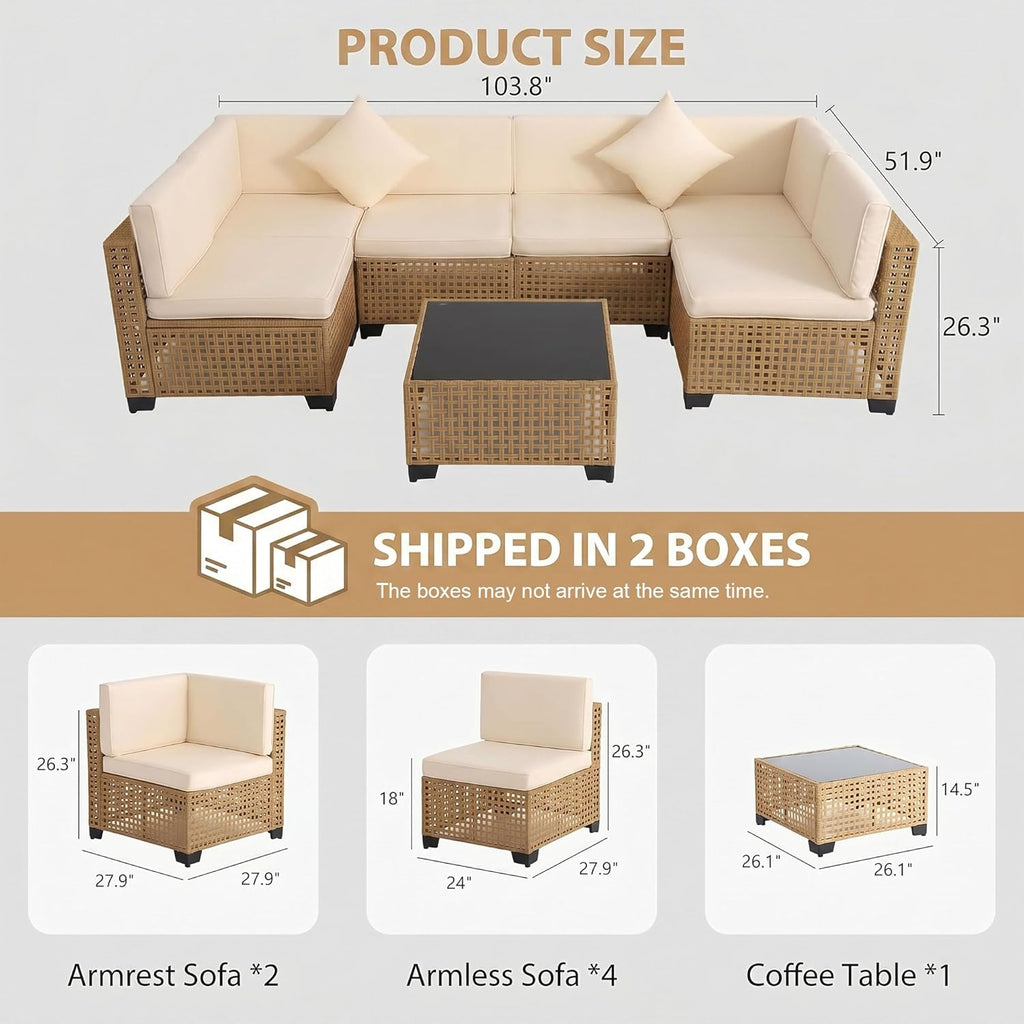 KIGOTY 7-Piece Patio Furniture Set, All-Weather PE Rattan Outdoor Sectional Sofa, Modular Wicker Conversation Set with Thick Cushions & Easy-Clean Coffee Table（Yellow/White）