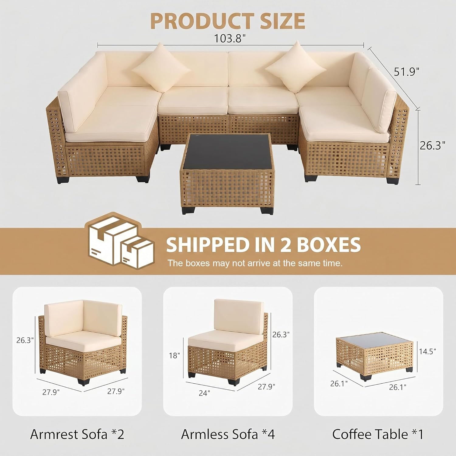 KIGOTY 7-Piece Patio Furniture Set, All-Weather PE Rattan Outdoor Sectional Sofa, Modular Wicker Conversation Set with Thick Cushions & Easy-Clean Coffee Table（Yellow/White）