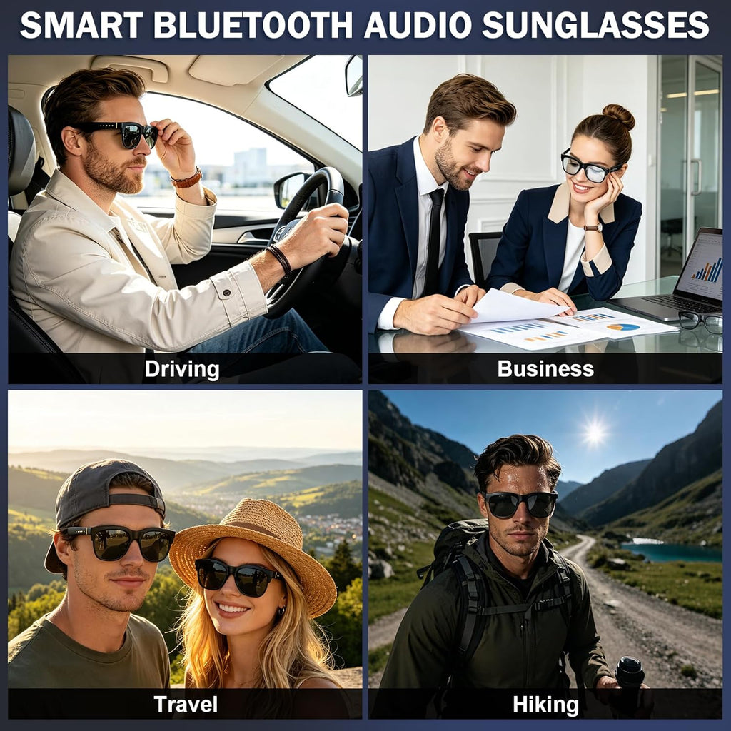 Smart Bluetooth Sunglasses with Electrochromic Lenses, Multi-Level Tint Control for Driving, Travel, Fishing, Daily Use, Open-Ear Audio Speakers, Bluetooth 5.4, Unisex High Tech Gift