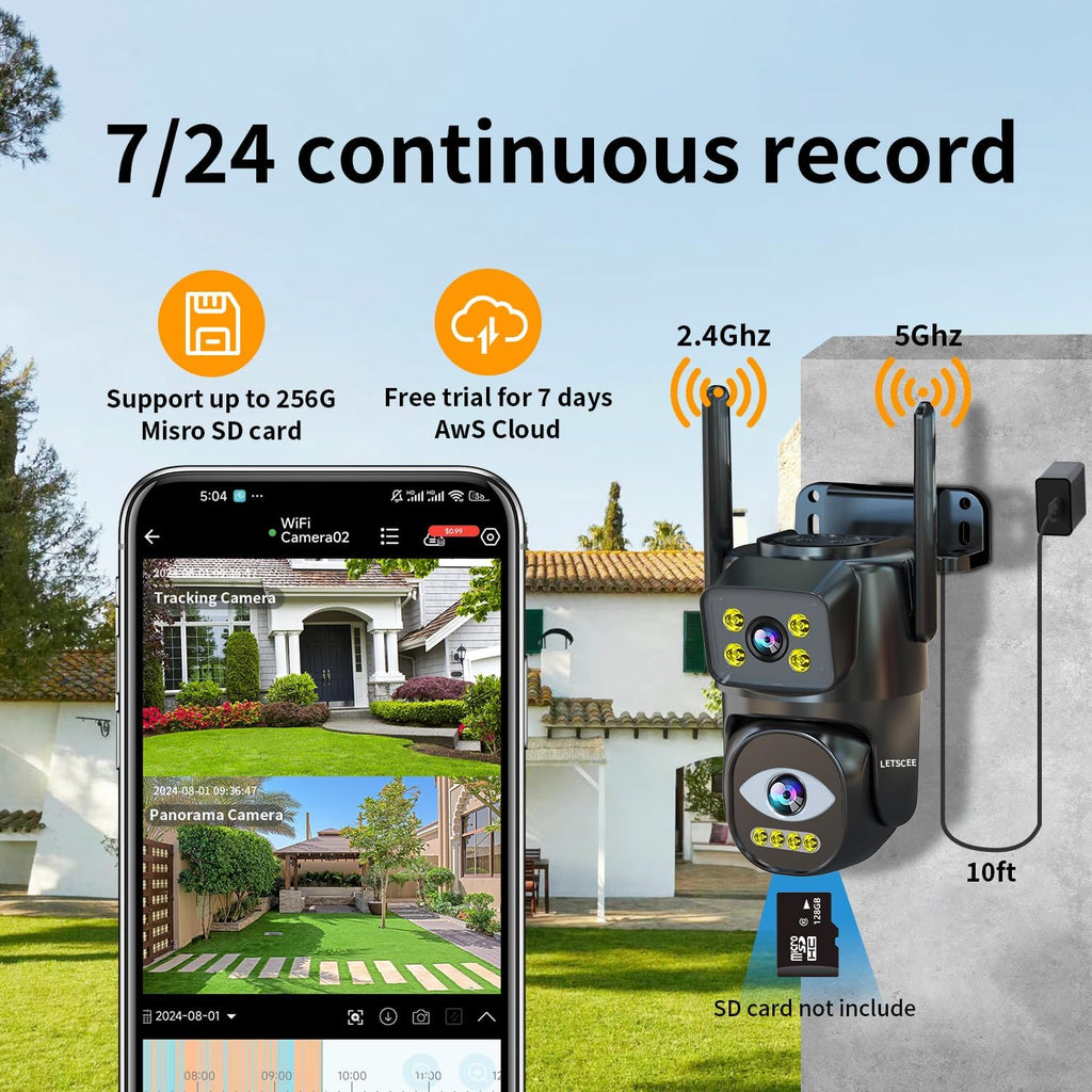 LETSCEE Dual Lens WiFi Security Camera Outdoor,5G/2.4G PTZ Outdoor Auto Tracking,HOM Security Surveillance System Camera,WiFi,Night Vision,7/24 Recording