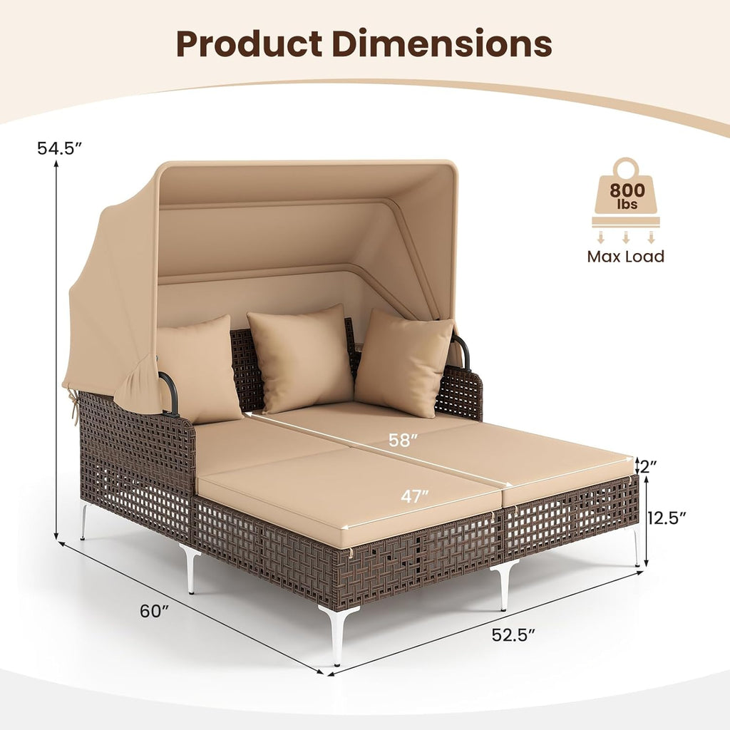 Tangkula Outdoor Rattan Daybed with Retractable Canopy, Boho Patio Wicker Sunbed with Metal Support, Pillows & Cushions, Outdoor Double Chaise Lounge with Shade for Backyard, Poolside, Deck & Balcony