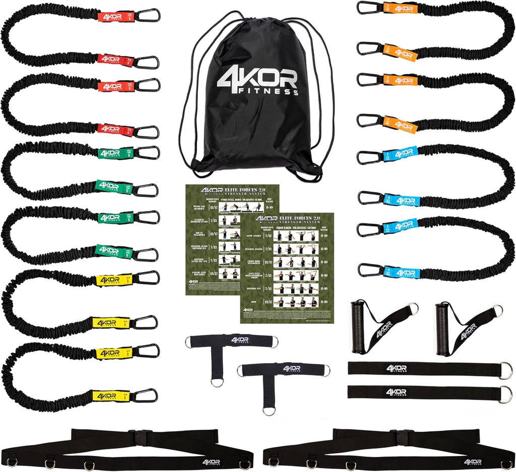 4KOR Deluxe Shoulder and Full Body Cross Anchored Resistance Cord System with Interchangeable Handles, Foot Straps, and Workout Guide. Exercise Bands with Nylon Sleeves, Anchors, and Carry Bag