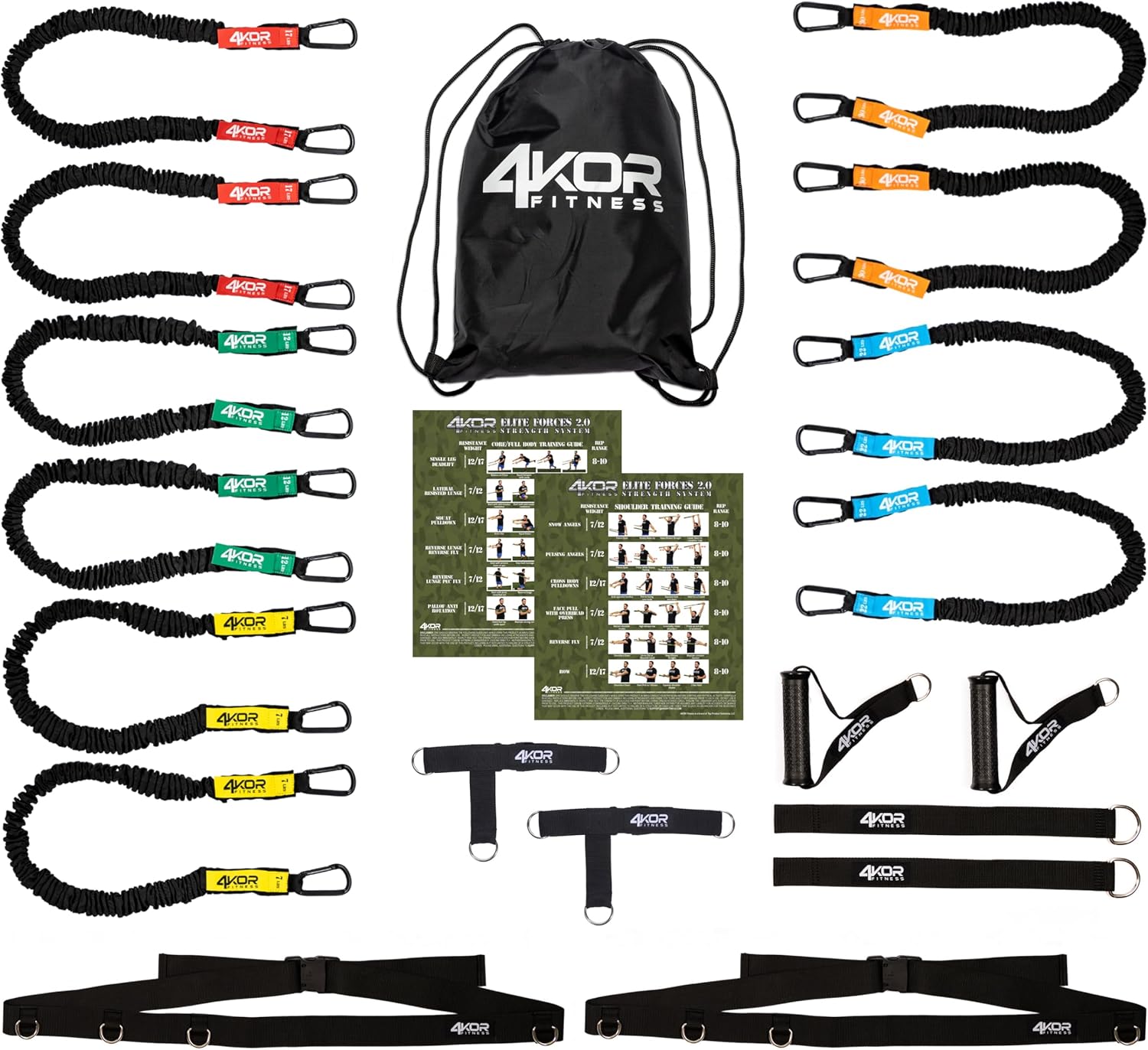 4KOR Deluxe Shoulder and Full Body Cross Anchored Resistance Cord System with Interchangeable Handles, Foot Straps, and Workout Guide. Exercise Bands with Nylon Sleeves, Anchors, and Carry Bag