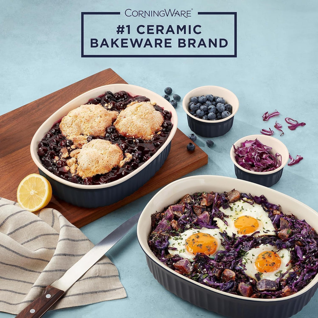 CorningWare Ceramic Bakeware Set with Lids Chip and Crack Resistant Stoneware Baking Dish, Microwave, Dishwasher, Oven, Freezer and Fridge Safe, 10-Piece French Navy