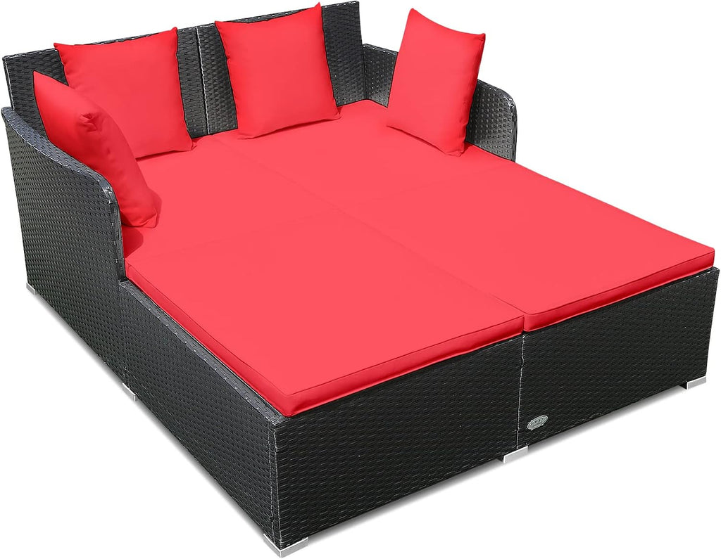 RELAX4LIFE Rattan Patio Outdoor Daybed, Wicker 2-Person Sunbed Loveseat with Soft Cushions, 4 Pillows, Curved Backrest & Armrest, Double Bed Lounger Sofa Set for Balcony Porch, Patio Bed (Red)