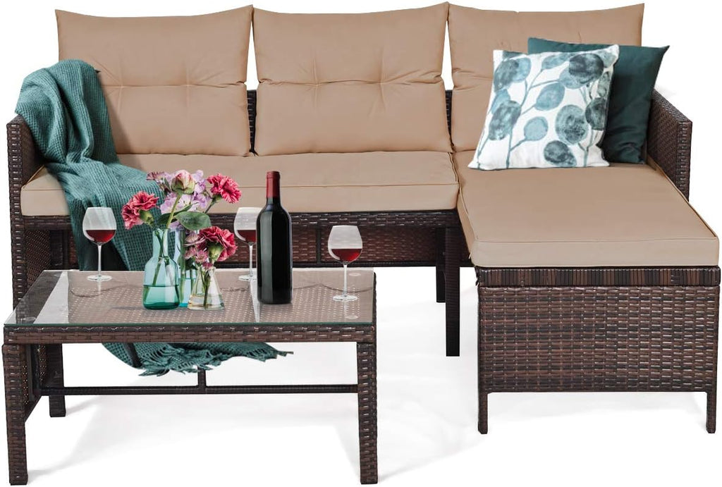 HAPPYGRILL 3-Piece Outdoor Rattan Sectional Sofa Set Patio Wicker Rattan Conversation Furniture Set, Steel Frame & Seat Cushion, Perfect for Garden Lawn Pool Backyard