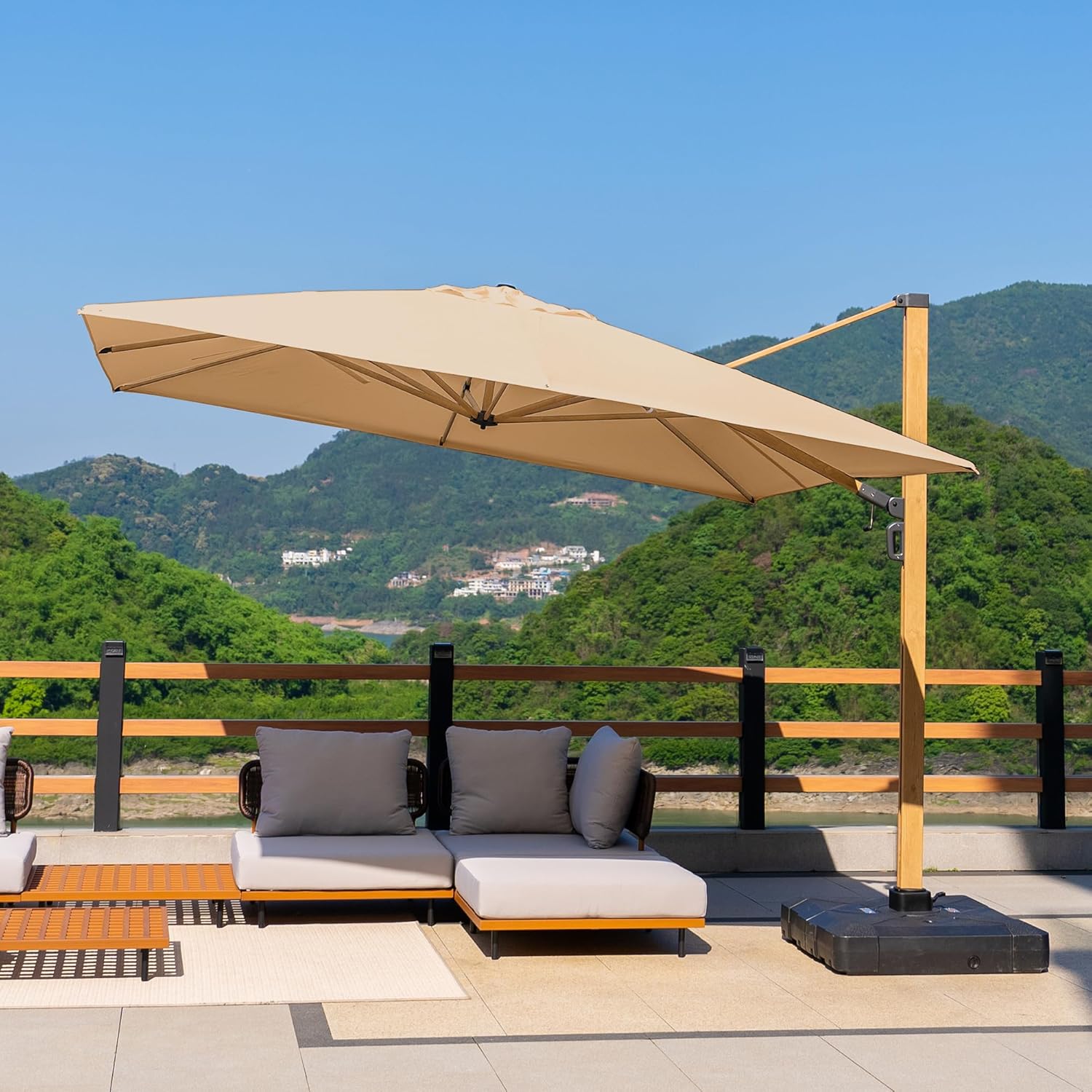 PURPLE LEAF 11FT Patio Umbrella With Base Square Cantilever Umbrella Teak Finished Aluminum Frame Large Windproof Offset Outdoor Sun Umbrellas for Beach Pool Deck, Beige