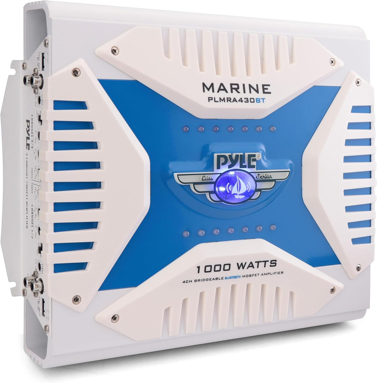 2.1 Bluetooth Marine Amplifier Receiver - Waterproof 4 Channel Wireless Bridgeable Audio Amp for Stereo Speaker with 1000 Watt Power Dual MOSFET Supply, GAIN Level and LED Indicator - Pyle PLMRA430BT