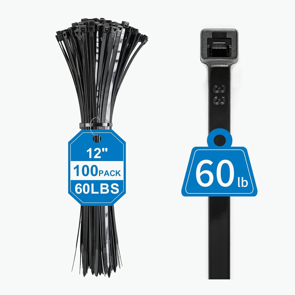 Zip Ties 12 Inch,Black Zip Ties 100 Pack,60lbs Tensile Strength,UV Resistant,Flame Retardant,Self-locking Cable Ties for Indoor and Outdoor Use