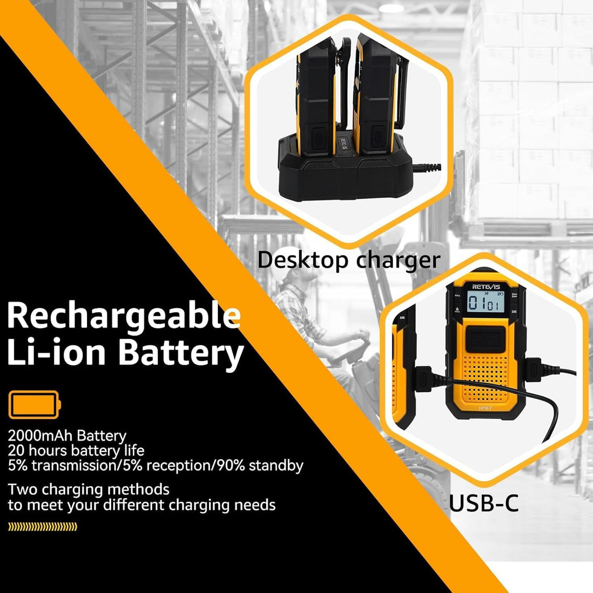 Retevis RB48 Walkie Talkies Long Range, 2 Way Radio with Shoulder Mic, IP67 Waterproof, 2000mAh, Vibration Reminder, Emergency, NOAA, Heavy Duty Two Way Radios(4 Pack)