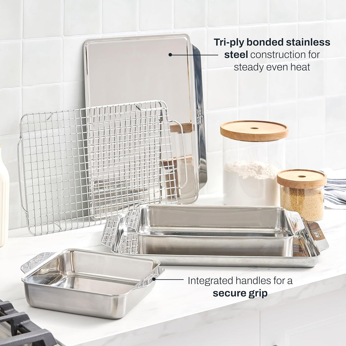All-Clad Stainless Steel Baking Pans 5-Piece Set-Tri-ply Bonded for Consistent Baking- Includes Square and Rectangular Baking Pans, Baking Sheets, & Cooling Rack- Professional Stainless Steel Bakeware