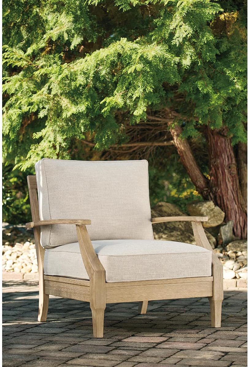 Signature Design by Ashley Clare View Outdoor Lounge Chair, All-weather Foam Cushion, Protective Finish, Eucalyptus Wood , 30" W x 35" D x 32" H, Beige