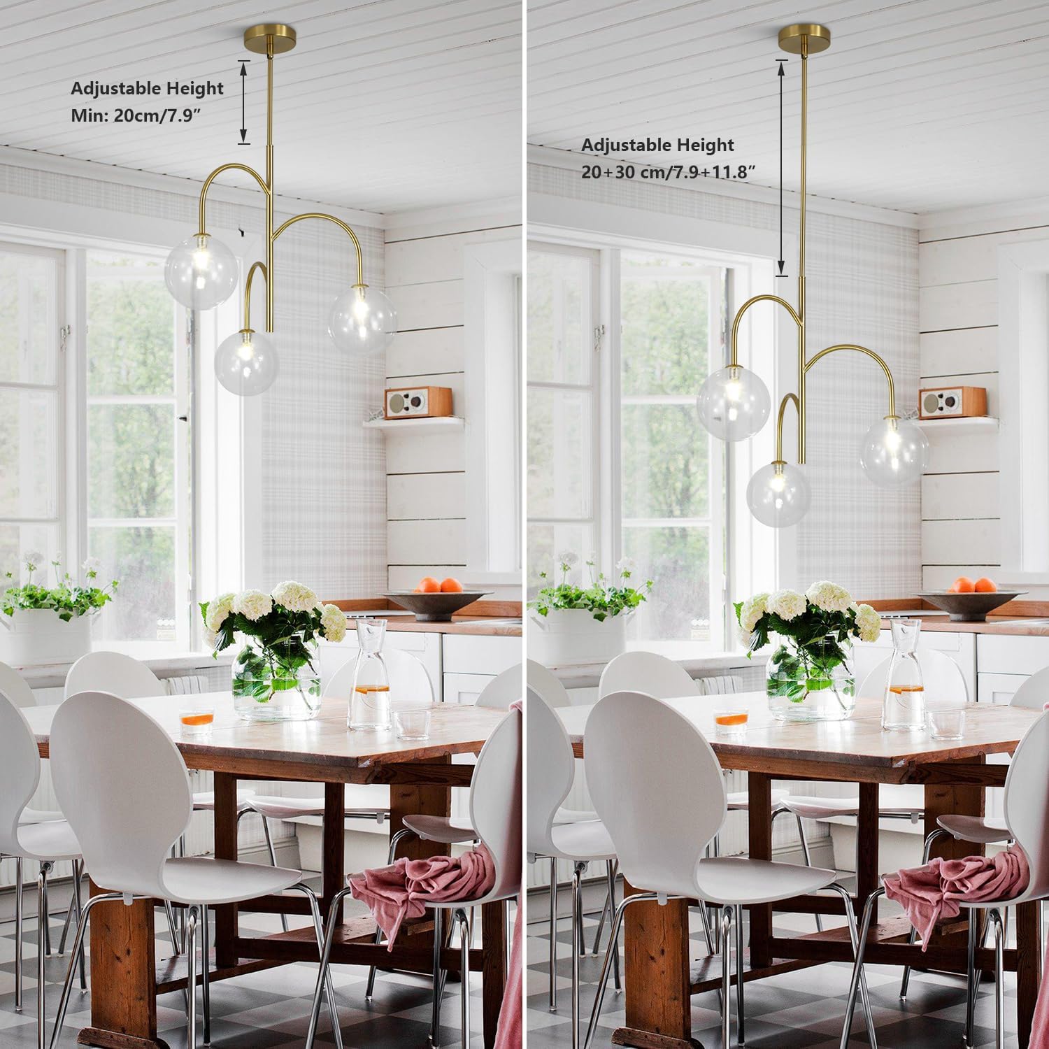 Modern Gold Globe Pendant Lighting 3-Light Clear Glass Bubble Chandelier Mid Century Sputnik Light Fixture Brushed Brass Ceiling Pendant Light for Kitchen Island Living Room