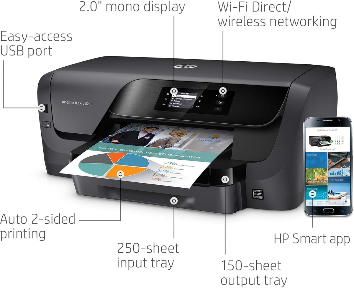 HP OfficeJet Pro 8210 Wireless Color Printer, HP Instant Ink & Amazon Dash Replenishment ready (D9L64A) (Renewed)