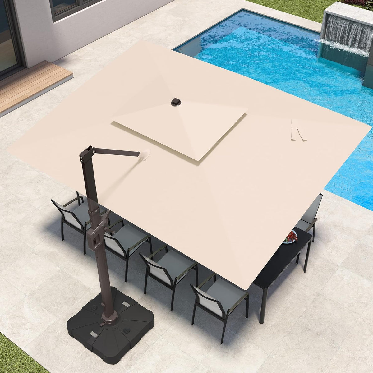 9x12 FT Patio Umbrella with Weighted Base and LED Lights Cantilever Outdoor Large Heavy Duty Rectangle Aluminum Offset Umbrellas Double Top 360 Rotation for Pool Deck Garden, Beige